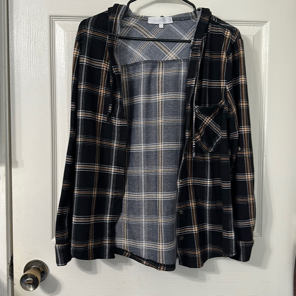 Flannel hooded button up